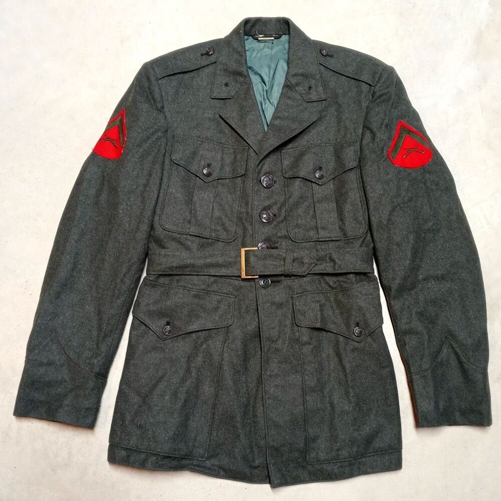 Vintage Green Wool Kersey Coat Size 38R Belted US Army Military Uniform
